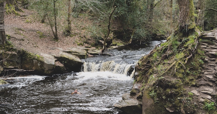 The image shows a photo of a man swimming in a river with treelined and mossy banks either side.