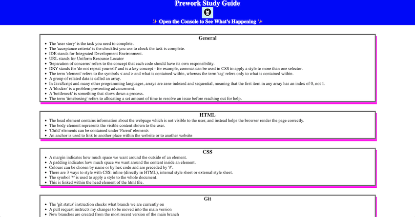 The image shows a screenshot of a webpage entitled Prework Study Guide, with a logo and some notes underneath.